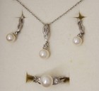 Vintage Set Sterling Silver Genuine Pearls   Diamonds Necklace  Earrings  Ring