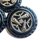 3 Large Vintage Coat Buttons   White Metal Escutcheon On Black Plastic   1-3 4 