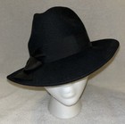 Nwot  100  Wool Felt Woman-men Fedora  Jet Black  Black Ribbon   Bow  Sz Medium