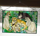 Vintage Joan Baker Tiffany Cats Stained Glass Panel 16 5x10 5 Painted Glass Art