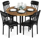 5 Pc Compact Brown Dining Set Round Kitchen Table Leather Black Metal Chairs New
