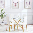 Round Clear Glass Dining Table Golden Legs   4x White Faux Leather Dining Chairs