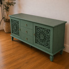 55 5  Vintage French Country Tv Stand Carved Doors Media Console 3 Drawers Green