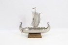 Vintage Haugrud Norway Pewter Viking Ship 1970s Oak Base Decor