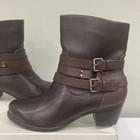 Naturalizer Katrina Brown Leather Ankle Boots Block Heel Buckle Moto Sz 6m Nib