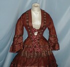 Museum Quality Antique Evening Dress Victorian 1850 Brown Silk Pink Floral Trim
