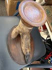 Vintage Ostrich Foot Stand W  Wooden Dish Australian Curio Decor