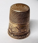 Vintage Antique 14k Yellow Gold Thimble - Engraved Mountain Town Scene - 4 4g