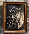 2 Vintage Japanese Lacquer Wall Art Panel Set Pagoda Birds Mother Of Pearl Inlay
