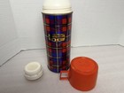 1960s Vintage Thermos Limited England Plaid Metal Vacuum Glass W  Red Cup Lid