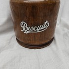 Vintage English Biscuit Barrel Oak Wood  Silverplate Trim  Porcelain Liner 6  H