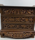 Vtg Large Elaborate Hand-carved Asian Wooden Jewelry Box Red Lining Animals