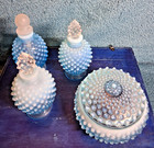 Vtg  Fenton Blue Opalescent Hobnail Vanity Set  1 Bottle   Stopper Has Damage 