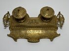 Brass Double Inkwell  bronze   Antique With Glass Buckets  Office Equipment