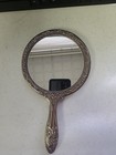 Vtg Silver Plate Ornate Floral Art Nouveau Round Vanity Hand Mirror Embossed