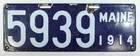 1914 Maine License Plate Antique Enamel Porcelain On Steel     Serial Number 5939