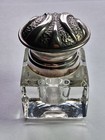 Antique Vintage Cut Glass Inkwell With Ornate Hinged Silver Lid  Great Condition