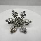 Vintage 80s Silver Tone Floral Brooch Pin Clear Rhinestone Women s Jewelry
