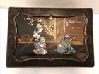 Antique Victorian Black Lacquered Handmade Sewing Box Haribako Inlaid Mop Geisha