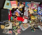 Vintage Junk Drawer Lot Estate Finds Jewelry Keys Buttons Military Ect