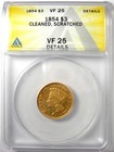 1854 Three Dollar Indian Gold Coin  3 - Certified Anacs Vf25 Details - Rare Type