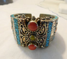 Vintage Tibetan Nepalese Turquoise Coral Hinged Cuff Bracelet Statement