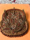 Antique Beaded Coral   Sequin Purse W ornate Gilt Metal    Coral Frame -  C 1920