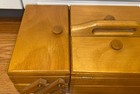 Vtg Accordion Style 3 Tier Fold Out Wooden Sewing Box Jewlery Romania Dove Tail