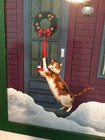 Vtg Lowell Herrero Tile Trivet Cat Christmas Ribbon Framed Wall Art Vandor 1989