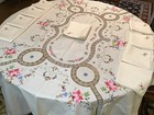 Vtg   Exquisite Linen Cross-stitch  Lace  Hand Applique Tablecloth  12 Napkins
