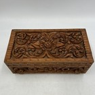 Vintage India Asian Carved Wooden Jewelry Box Ornate Floral Flower Green Inside