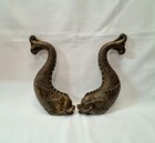 Fabulous Pair Of 19th Century Antique Bronze Opposing Dolphin Tiller Components 