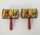 2 Vintage Kirchhof Noisemaker Tin Can Shakers Wood Handle New Year Party Jester 