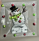 Fused Glass Christmas Plate Snowman 5 5    Square Dish Vintage Art Glass