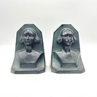 Vintage Art Deco Bust Portrait Metal Bookends Pair Dark Girl Lady