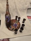 Vintage Hand Carved Wood Decanter   6 Goblets     Mid Century Bar Set