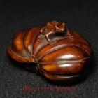 3 Inch Old Chinese Carved Boxwood Wood Lotus Leaf Frog Statue Netsuke Decoration