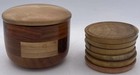 Vtg Natural Red White Banded Coaster Set W wooden Holder 6 Coasters Mcm