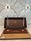 Vintage Cross Double Desk Set Chrome Ballpoint Pen Pencil Wood Base Original Box