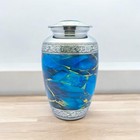 Blue Royal Silver Cremation Urn For Human Ashes - Adult Funeral Urn Handcrafted