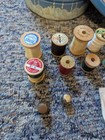 15 Vintage Wooden Spools With Sewing Kit In Sewing Tin 
