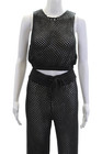 We Wore What Womens Cotton Crochet Ruched Crop Top Pants Set  Black Size Xs