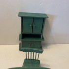 Vintage Miniature Dollhouse Wood Kitchen Table 4 Chairs   Hutch Green