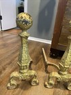 Antique Cast Iron Ball Top Gilded Fireplace Andirons Large Heavy