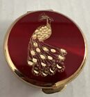 Stratton England Peacock Hand Engraved Gold Red Enameled Pill Box