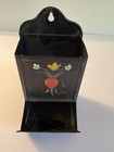 Vintage Hand Painted Black Tin Metal Stick Match Holder Wall Mount Heart flowers