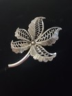 Leaf Brooch Pin Silver Tone Lightweight  Filigree
