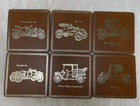 Vintage Leather Drink Coasters Set 6 Antique Cars Gold Print Brown 3 5  W  Box