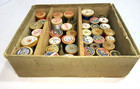 Old Box With 39 Vintage Wooden Sewing Thread Spools Paragon Star J p Coats Eagle