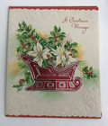 Vintage Mid Century Christmas Greeting Card Red Foil Sleigh Filled With Flowers